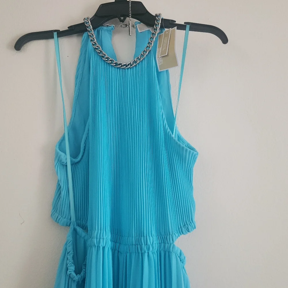 Michael Kors Halter Neck Pleated Cut-out Midi Dress turquoise Sz M & L…